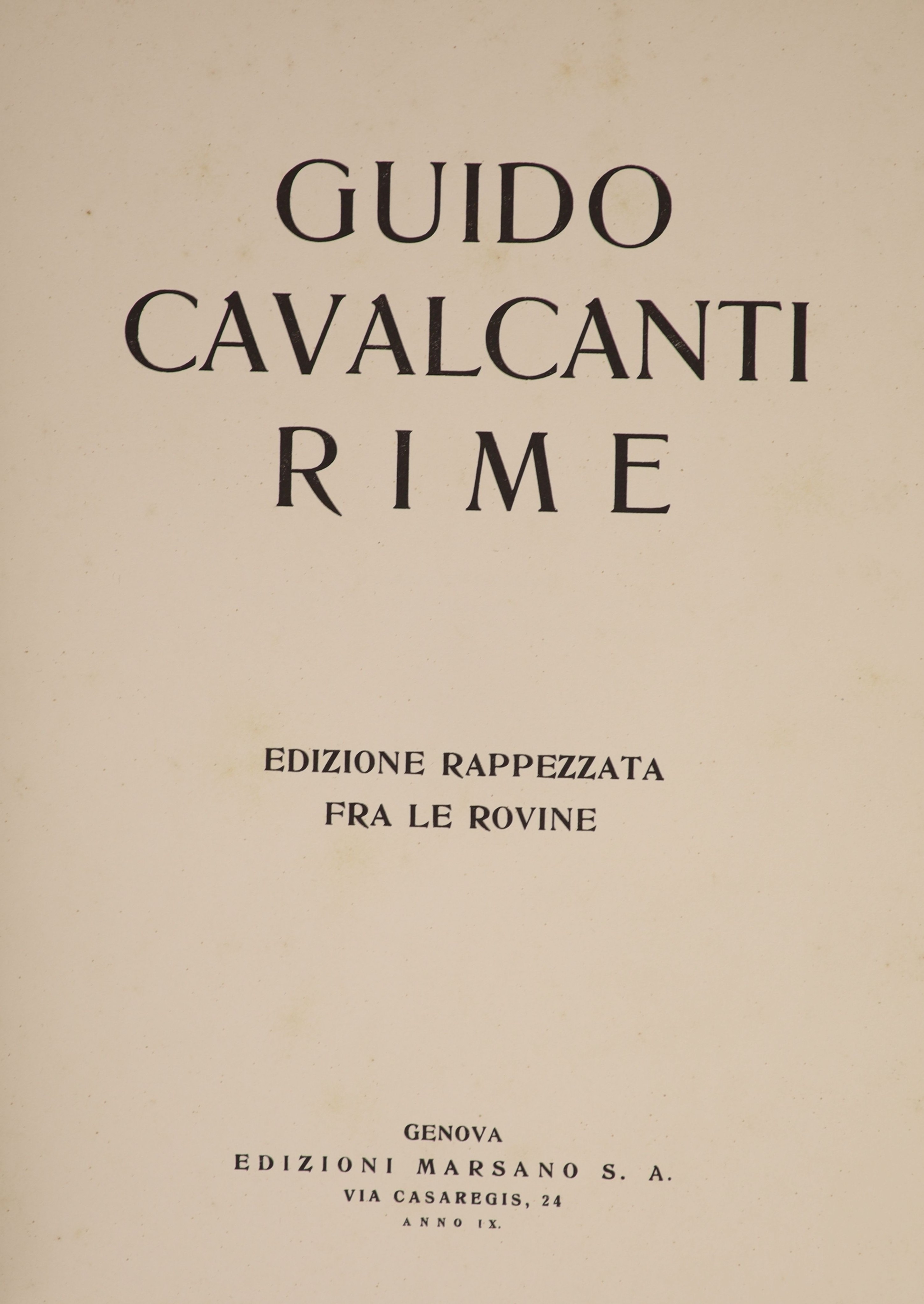 Pound, Ezra (editor) - Guido Cavalcanti Rime, 1st edition, 4to, dull red card wraps, 40 plates, one of 500 printed at Pound’s own expense, Edizioni Marsano, Genova, 1932, in Solander case.